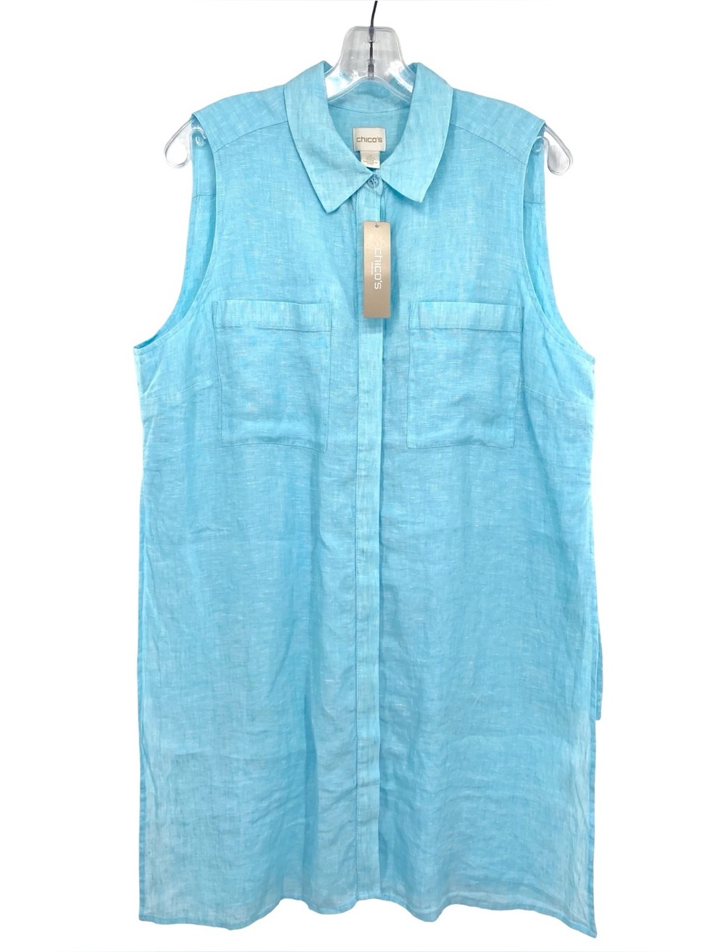 Chico’s Linen Side Slit Tunic Shirt in Aqua Button Down New Size Large - Picture 2 of 11